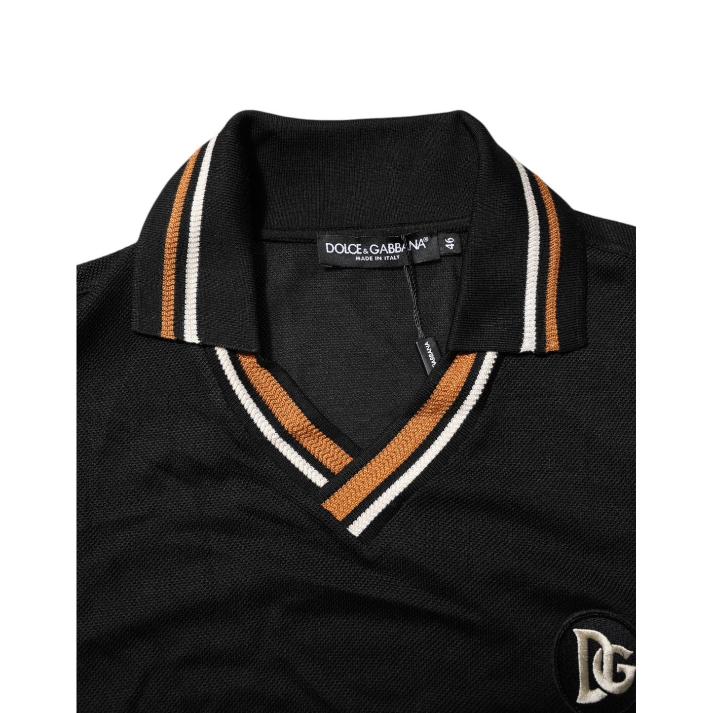 Dolce & Gabbana Black DG Silk V-neck Collared Men Polo T-shirt