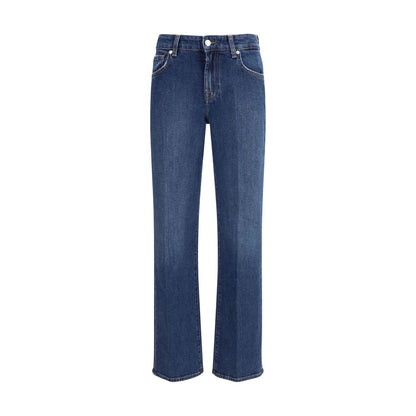 7FOR Blue Cotton Straight-Leg Jeans with classic five-pocket design, zip-and-button closure, ideal for casual and refined looks, AW25.