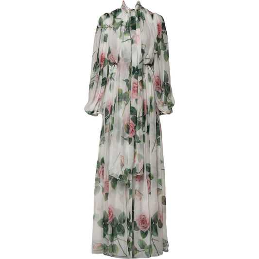 Dolce & Gabbana White Floral Roses Silk Maxi Long Gown Dress DR81742-38