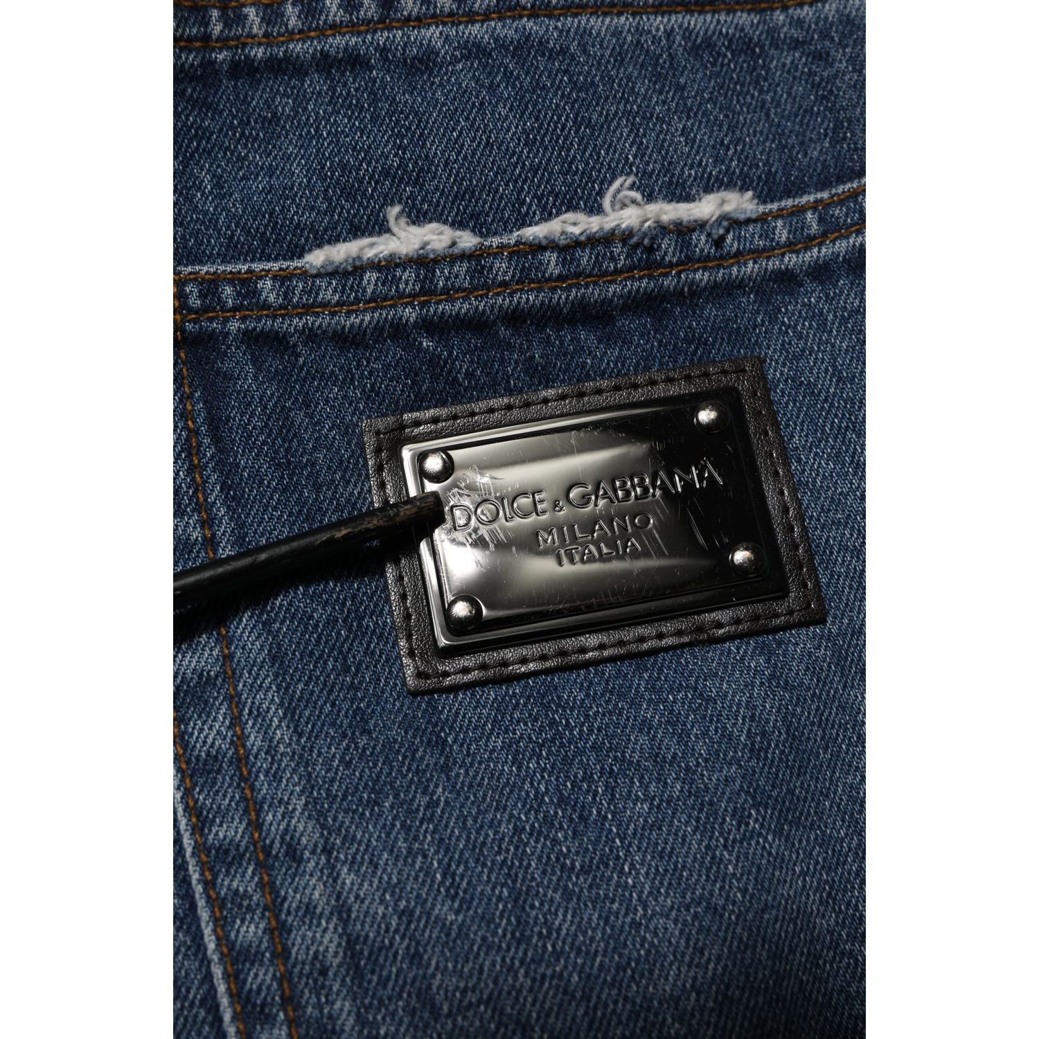 Dolce & Gabbana Blue Tattered Cotton Straight Denim Jeans