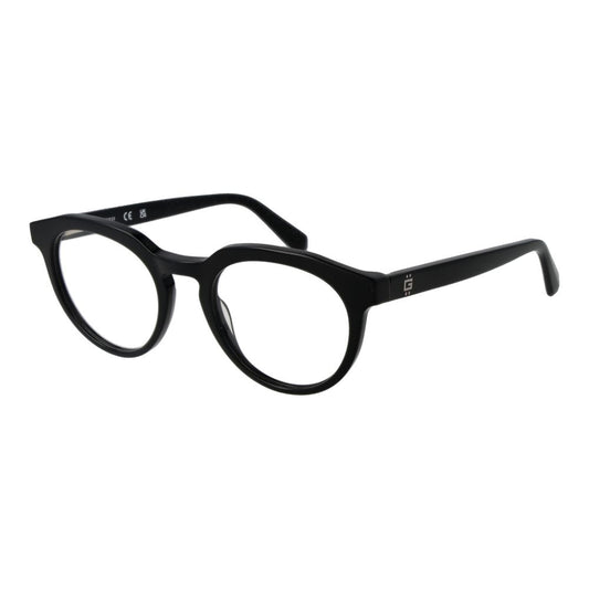 Guess Black Men Glasses Frame, full-rim acetate with round style, featuring black demo lenses and spring hinge, includes branded case.