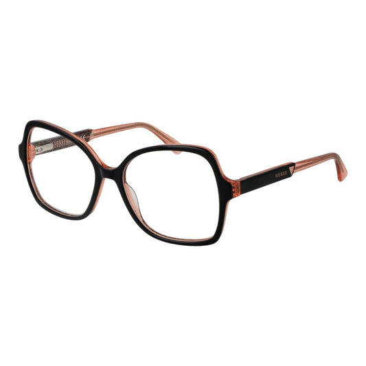 Guess Black Women Glasses Frame, full-rim acetate, butterfly style with demo lenses, includes branded case, spring hinge, no extra lenses.