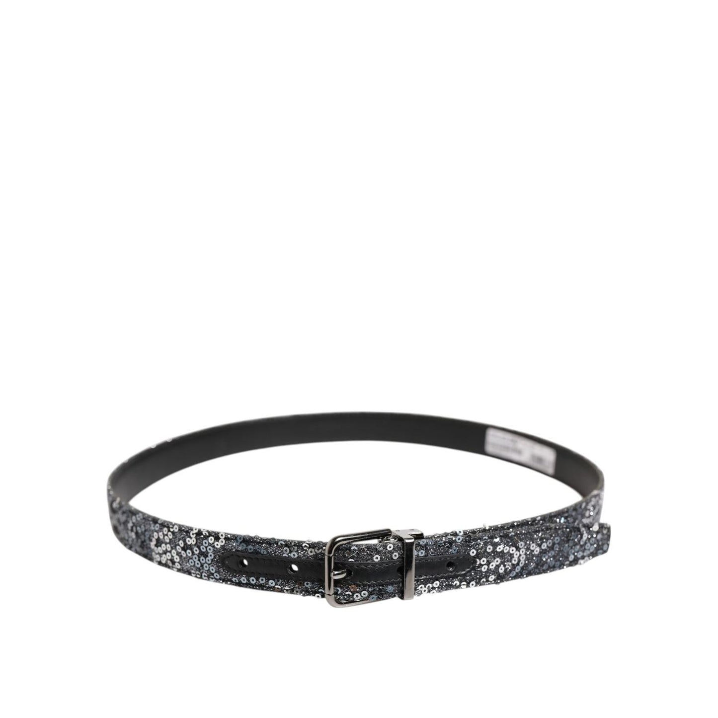 Dolce & Gabbana Black Sequins Silver Metal Logo Buckle Belt