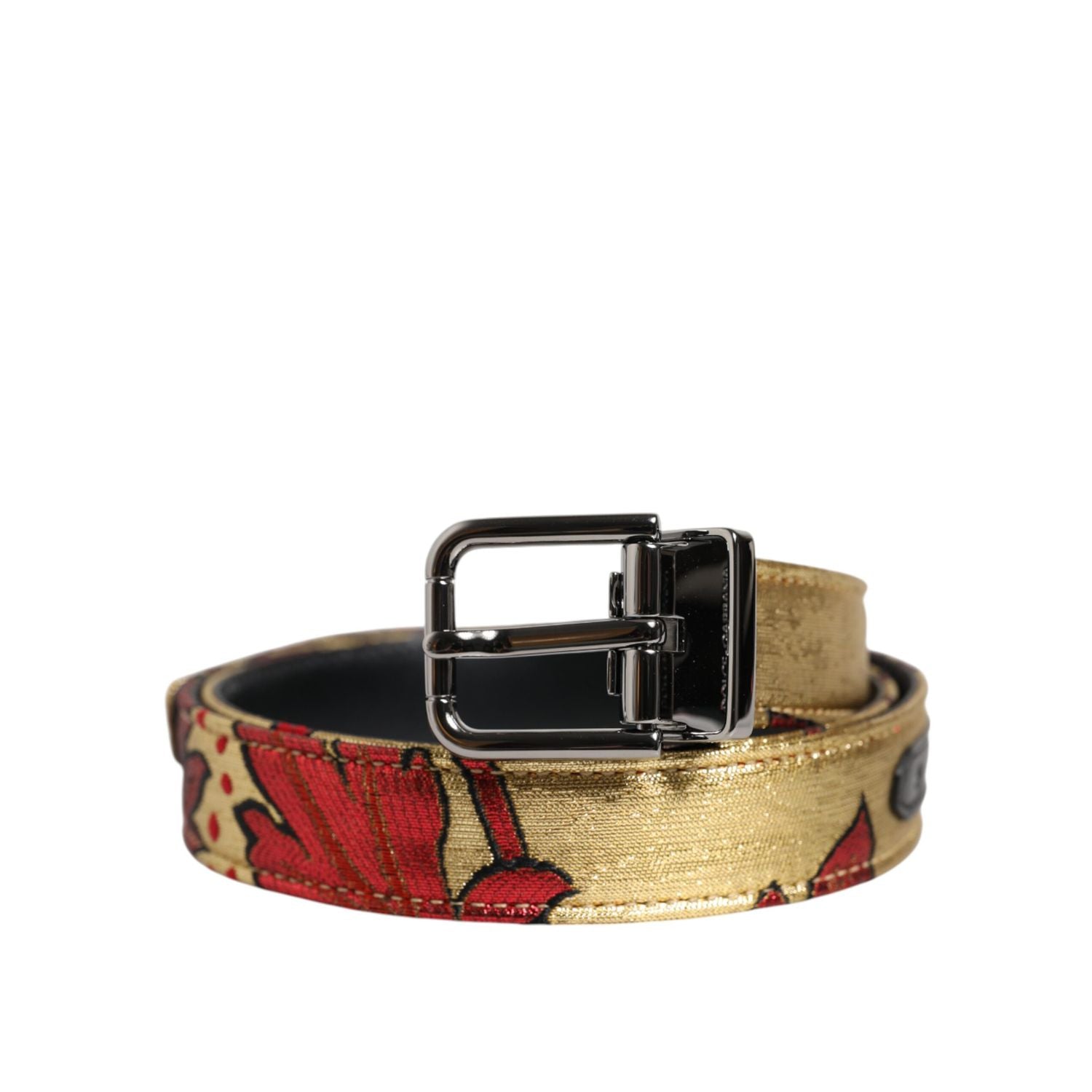 Dolce & Gabbana Gold Floral Jacquard Silver Metal Buckle Belt