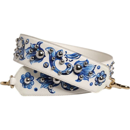 Dolce & Gabbana White Blue Floral Leather Stud Accessory Shoulder Strap