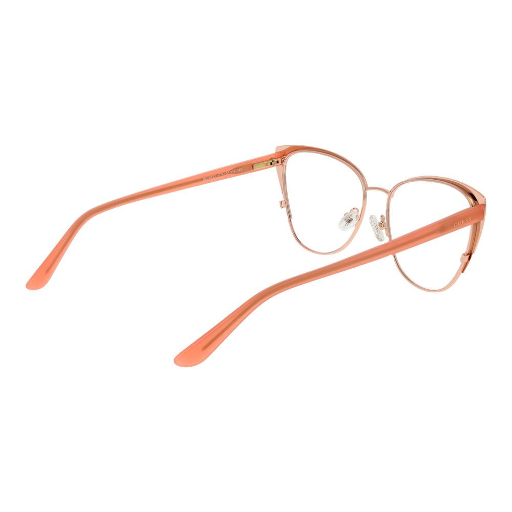 Guess Orange Women Glasses Frame in metal, cat eye design with full-rim style, spring hinge, lenses with 55-16-145 dimensions, and branded case.
