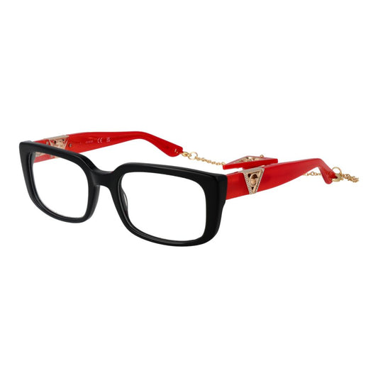 Guess Black Women Glasses Frame, rectangle acetate full-rim, black frame with red temples, branded case included.