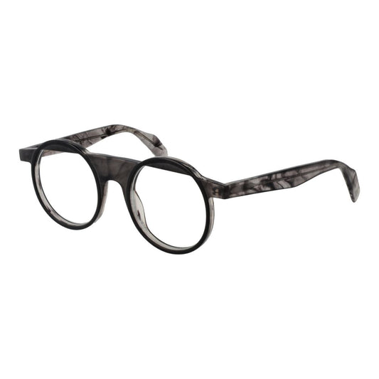 Yohji Yamamoto Gray Men Glasses Frame, full-rim round style with plastic grey frame and demo lenses, includes branded soft case.