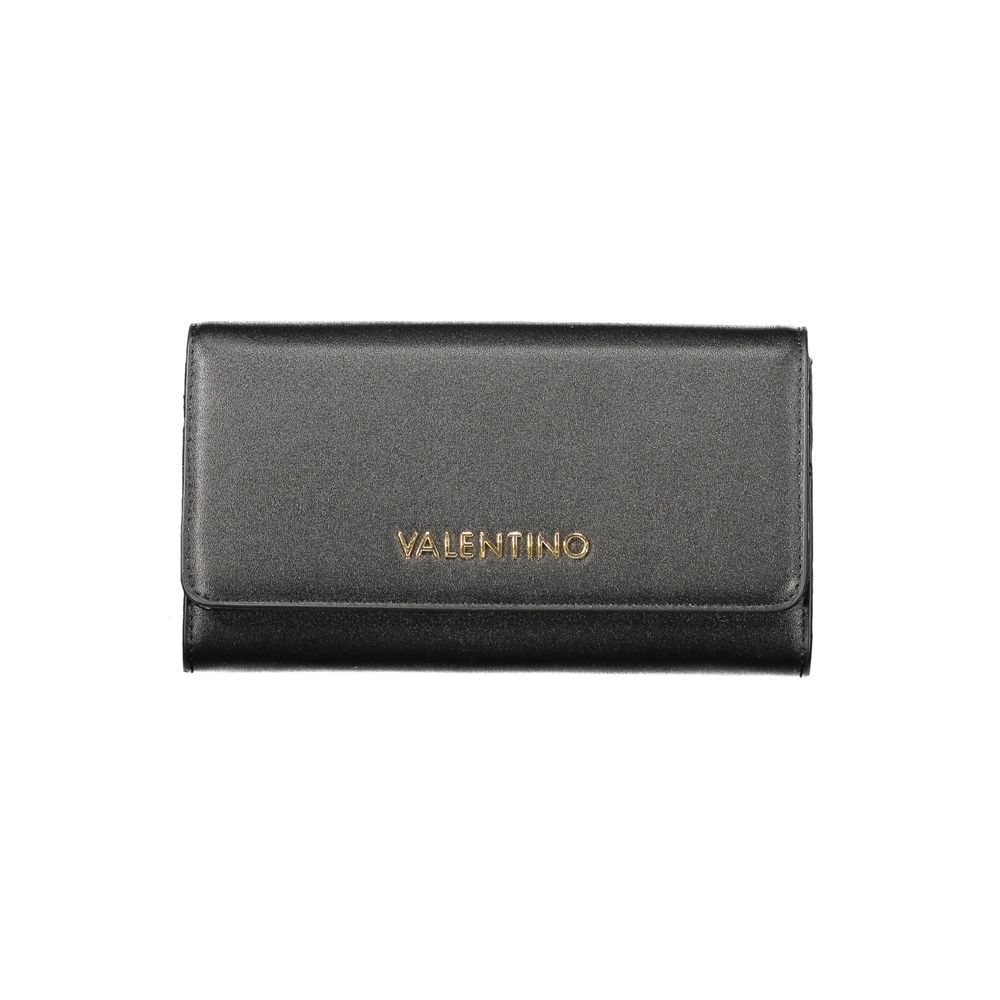 Mario Valentino Black Polyethylene Women Wallet, elegant design with gold logo, perfect for organizing cards and cash.
