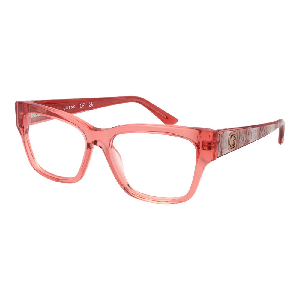 Guess Red Women Glasses Frame in full-rim acetate with demo lenses, spring hinge, and rectangle style, includes branded case for women.