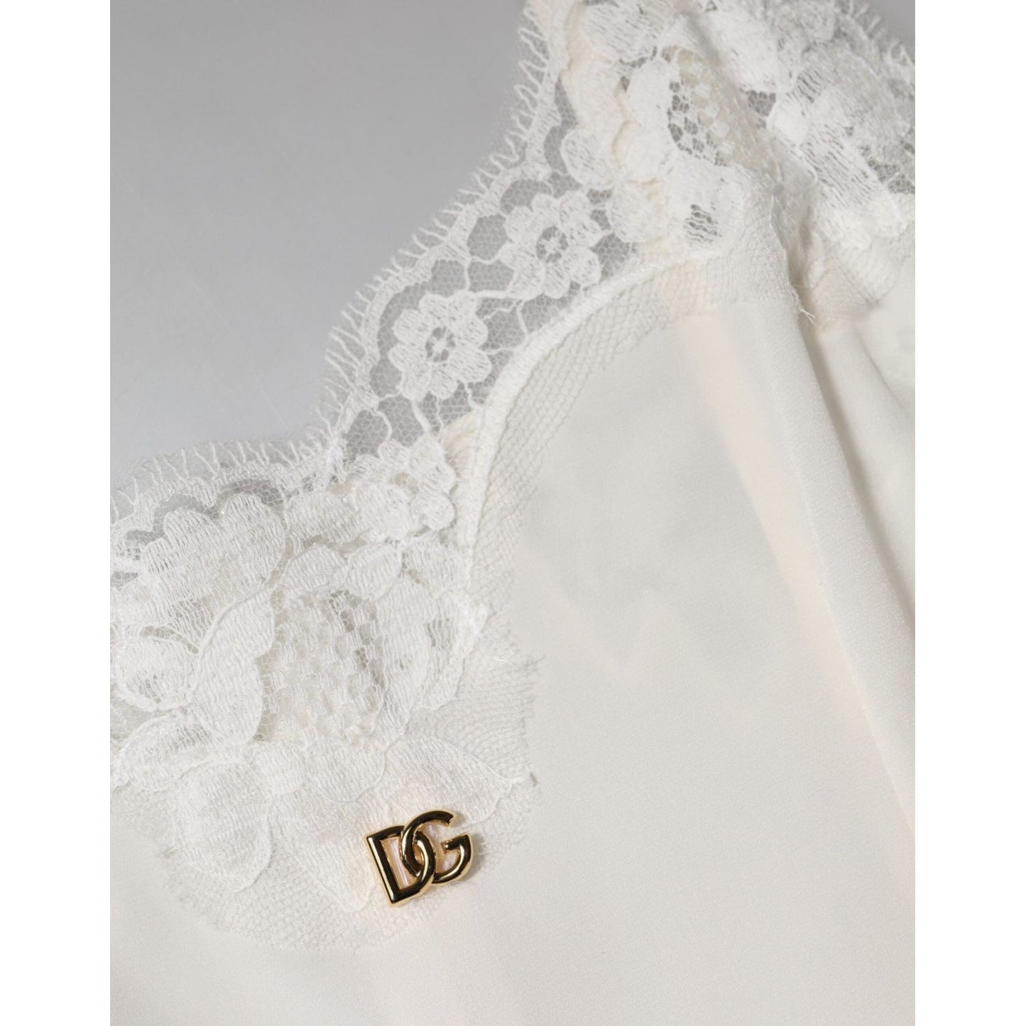 Dolce & Gabbana White Lace Gold DG Logo Silk Dress Sleepwear