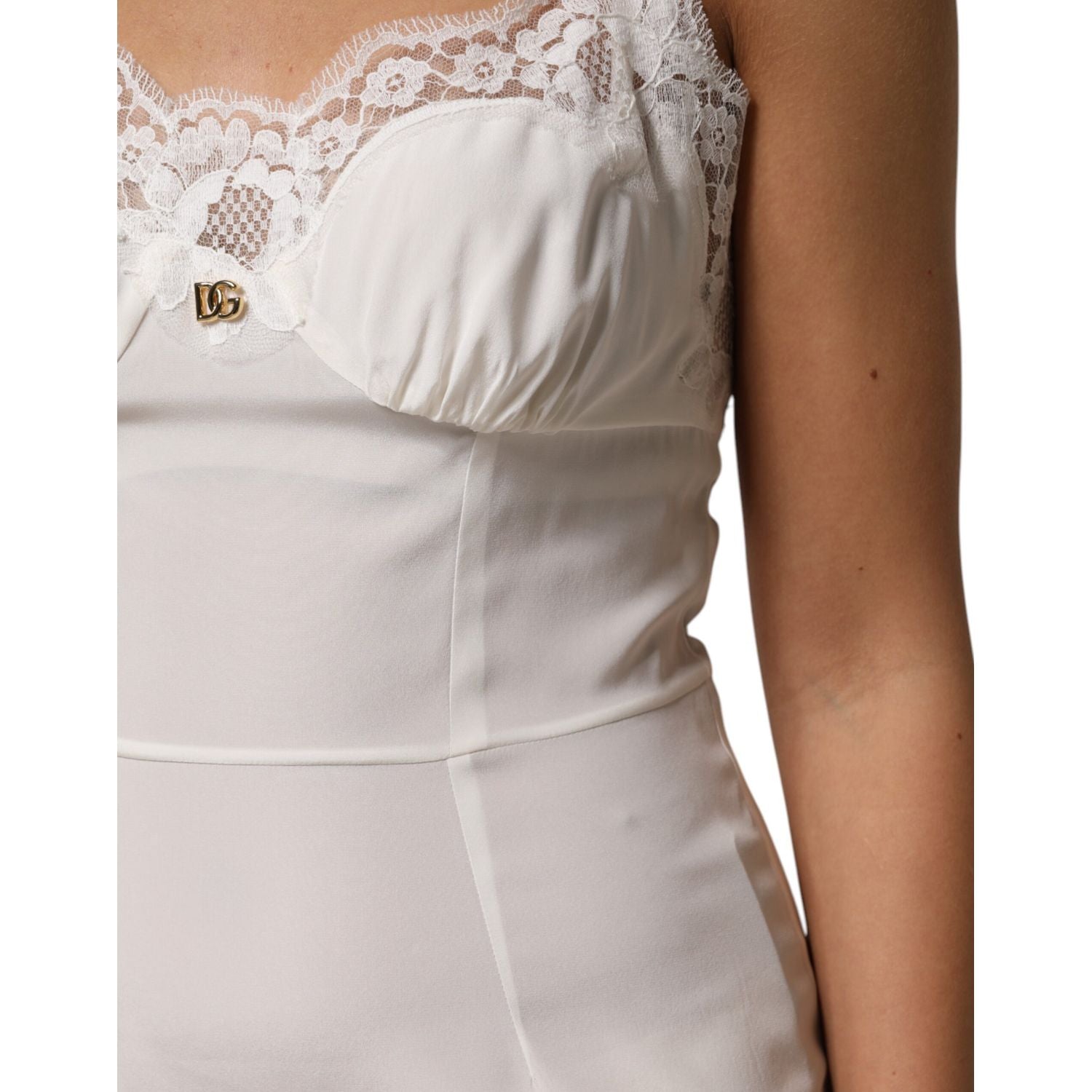 Dolce & Gabbana White Lace DG Logo Silk Dress Sleepwear