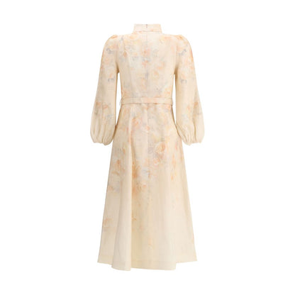 Zimmermann Multicolor Linen Casual Dress with floral design and mandarin collar, featuring puff shoulders and a built-in adjustable belt.
