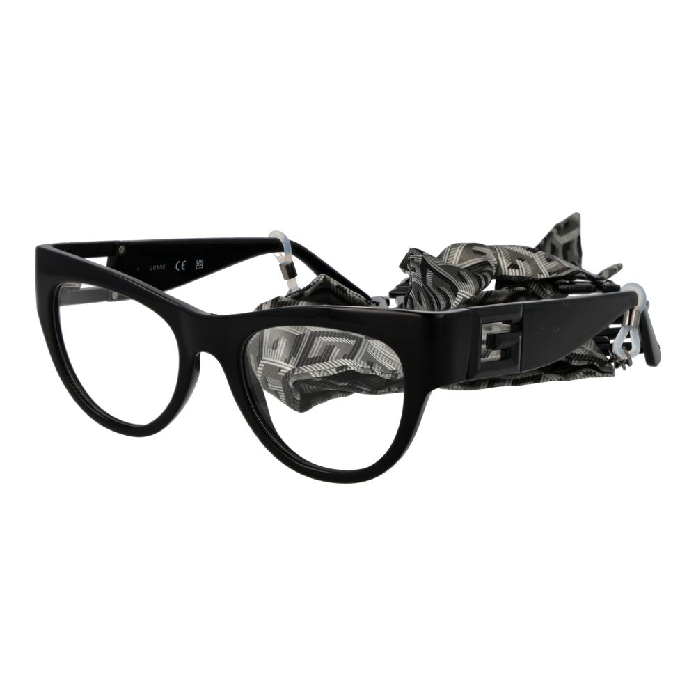 Guess Black Women Glasses Frame with full-rim cat eye style, black plastic material, and a branded case included.