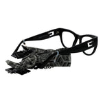 Guess Black Women Glasses Frame, full-rim black plastic cat eye style with demo lenses, includes branded case and eyewear chain.
