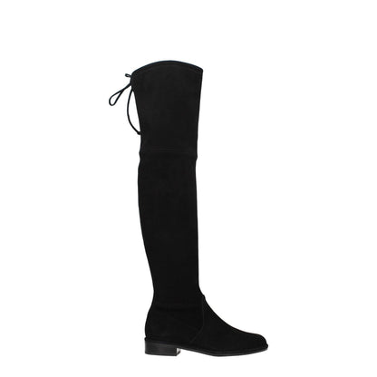 Stuart Weitzman Black Leather Over The Knee boot with a self-tie closure, round toe, and low flat heel, made from black suede material.