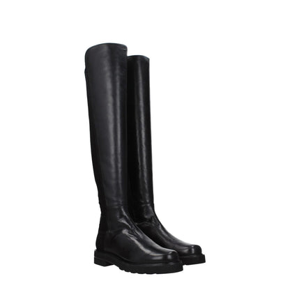 Stuart Weitzman Black Leather Over The Knee boots, featuring a round toe and mid heels. Casual style with aged effect, rubber sole.