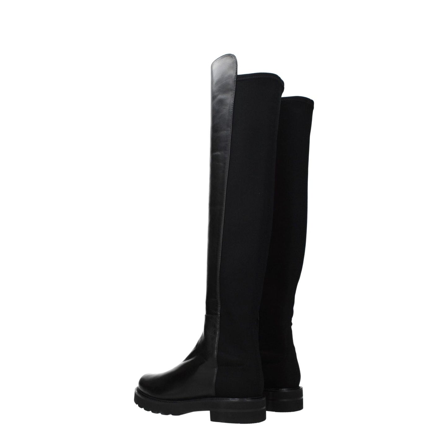 Stuart Weitzman Black Leather Over The Knee boots with aged effect, mid heels, rubber sole, round toe, and 3.5 cm heel height.