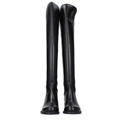 Stuart Weitzman Black Leather Over The Knee vintage effect casual round toe boots with rubber sole.