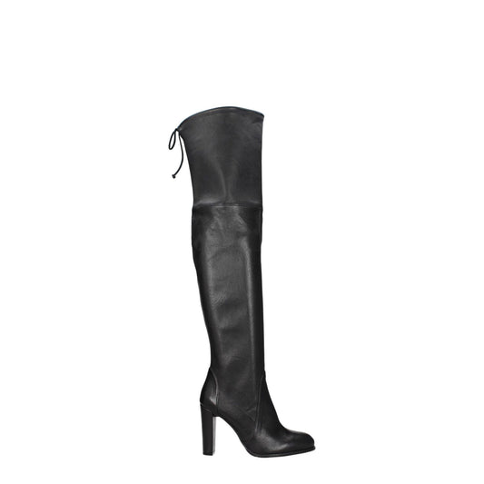 Stuart Weitzman Black Leather Over The Knee boots with aged vintage effect, drawstring closure, high heel, round toe, rubber sole.