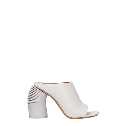 Off-White White Leather Platform Sandals with high heel and open toe design.