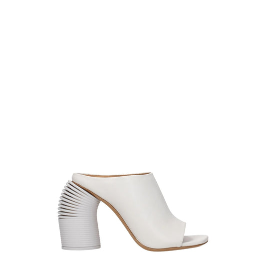 Off-White White Leather Platform Sandals with high heel and open toe design.