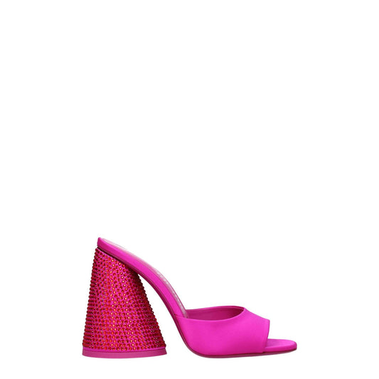 The Attico Pink Satin Platform Sandals with rhinestones and high heel in fuchsia and red, featuring open toe and leather sole.