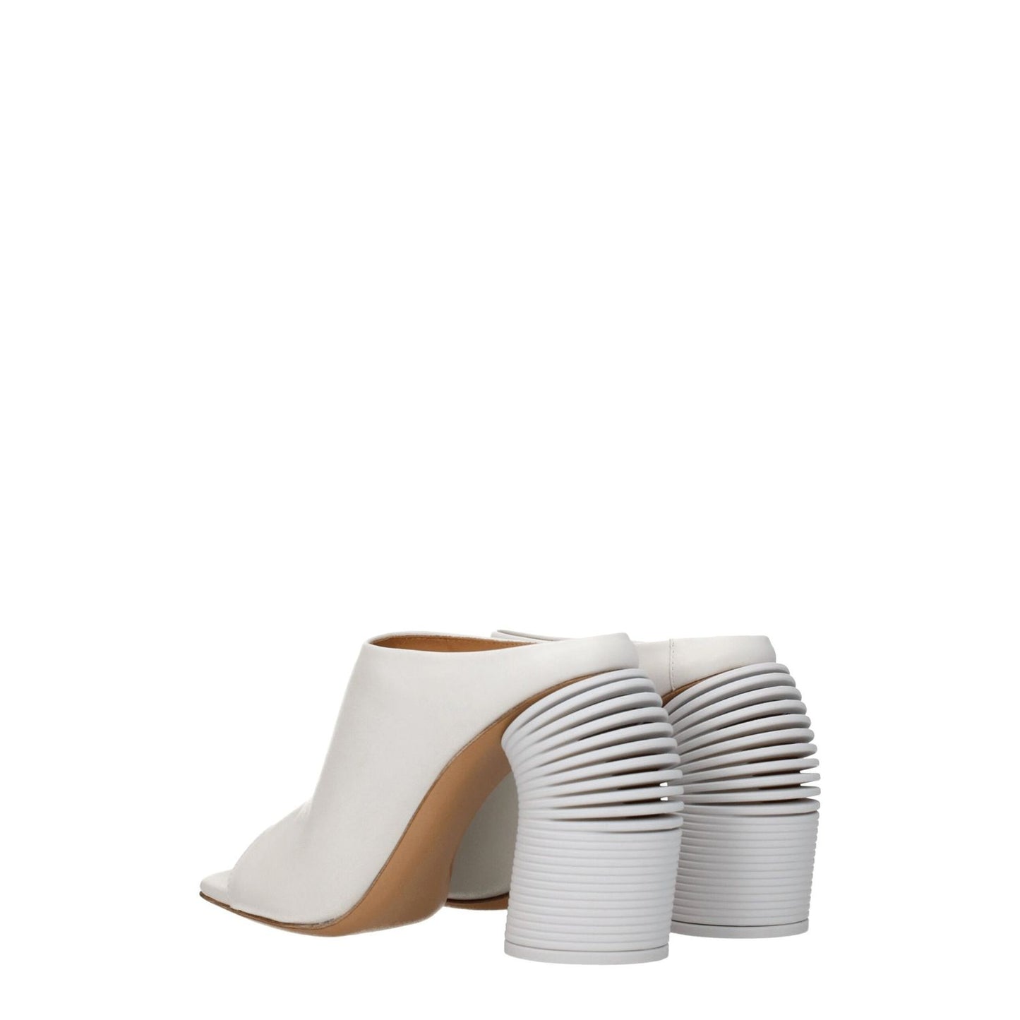 Off-White White Leather Platform Sandals with high heel, open toe design, and unique heel detailing, made from premium leather.