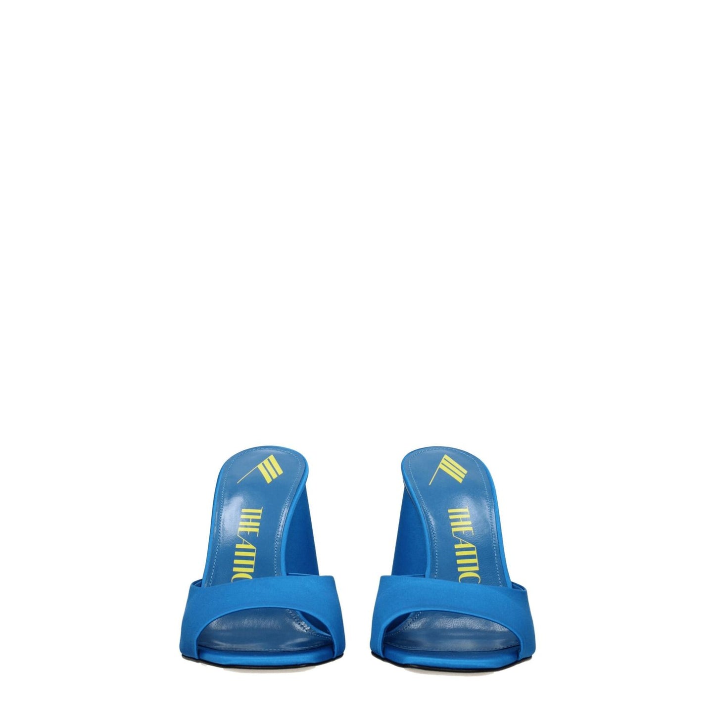 The Attico Light Blue Satin Platform Sandals with high heel and open toe design, featuring turquoise accents and leather soles.