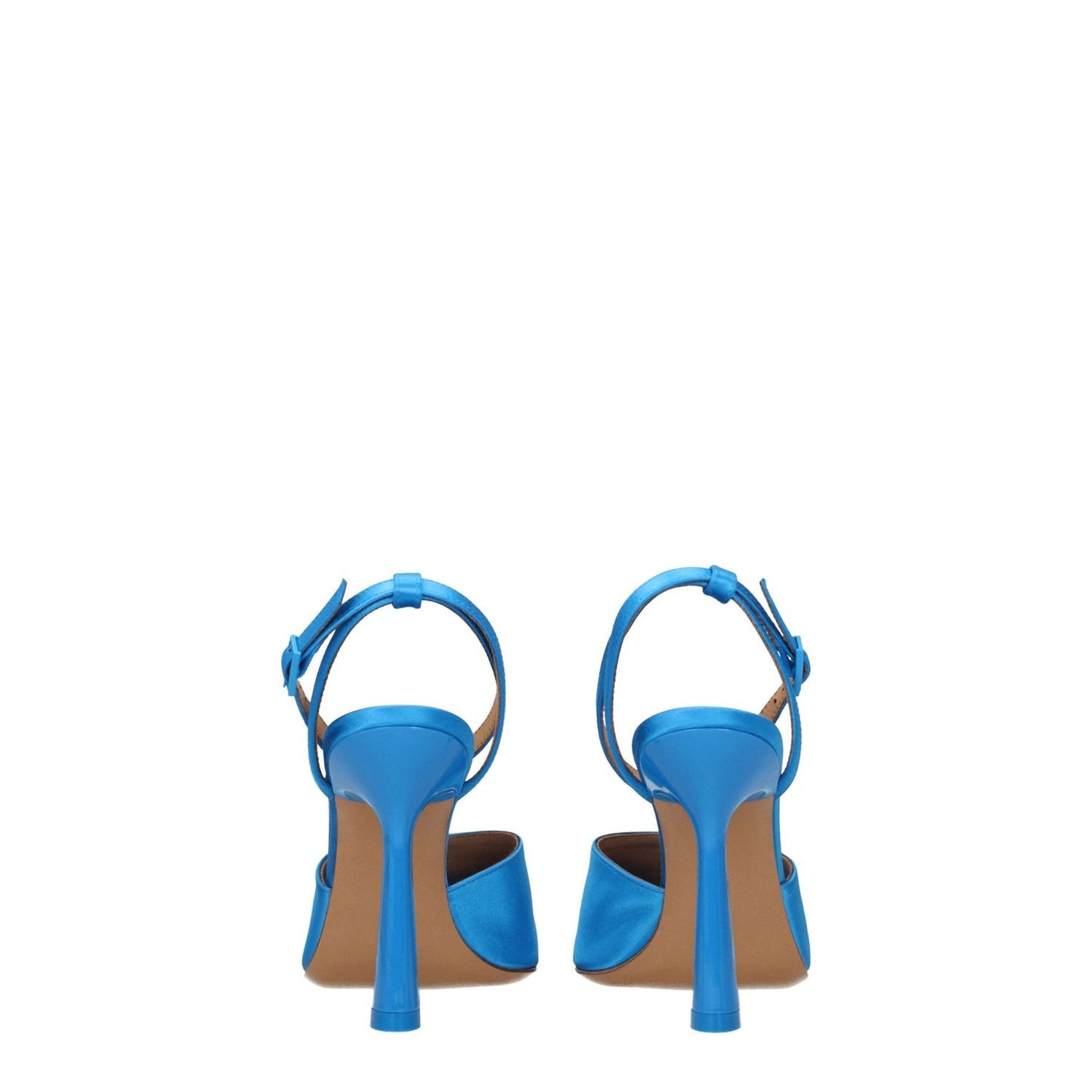 Back view of Off-White Blue Satin Stiletto Heel Sandals with buckle closure and leather sole, showcasing high heels and open toe design.