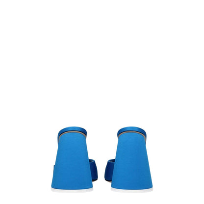 The Attico Light Blue Satin Platform Sandals showing high heel design and open toe style, crafted from satin with leather sole.