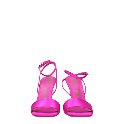 Front view of The Attico Pink Satin Platform Sandals with self-tie closures and high heels.