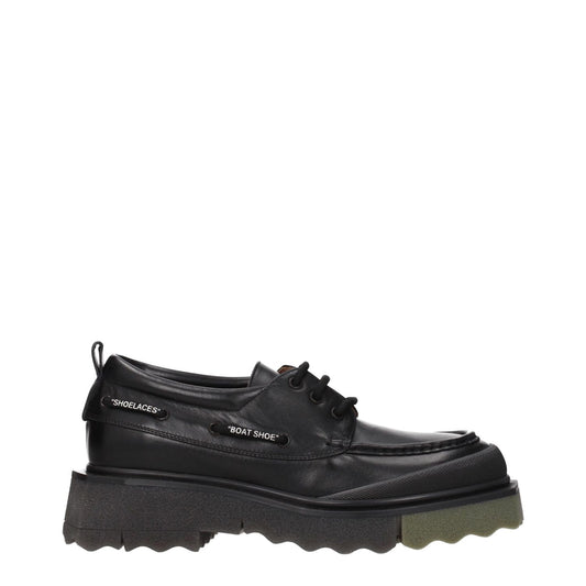 Off-White Black Leather Slip-On Loafers with vintage effect, lace up closure, rubber sole, military green accents, mid heels.