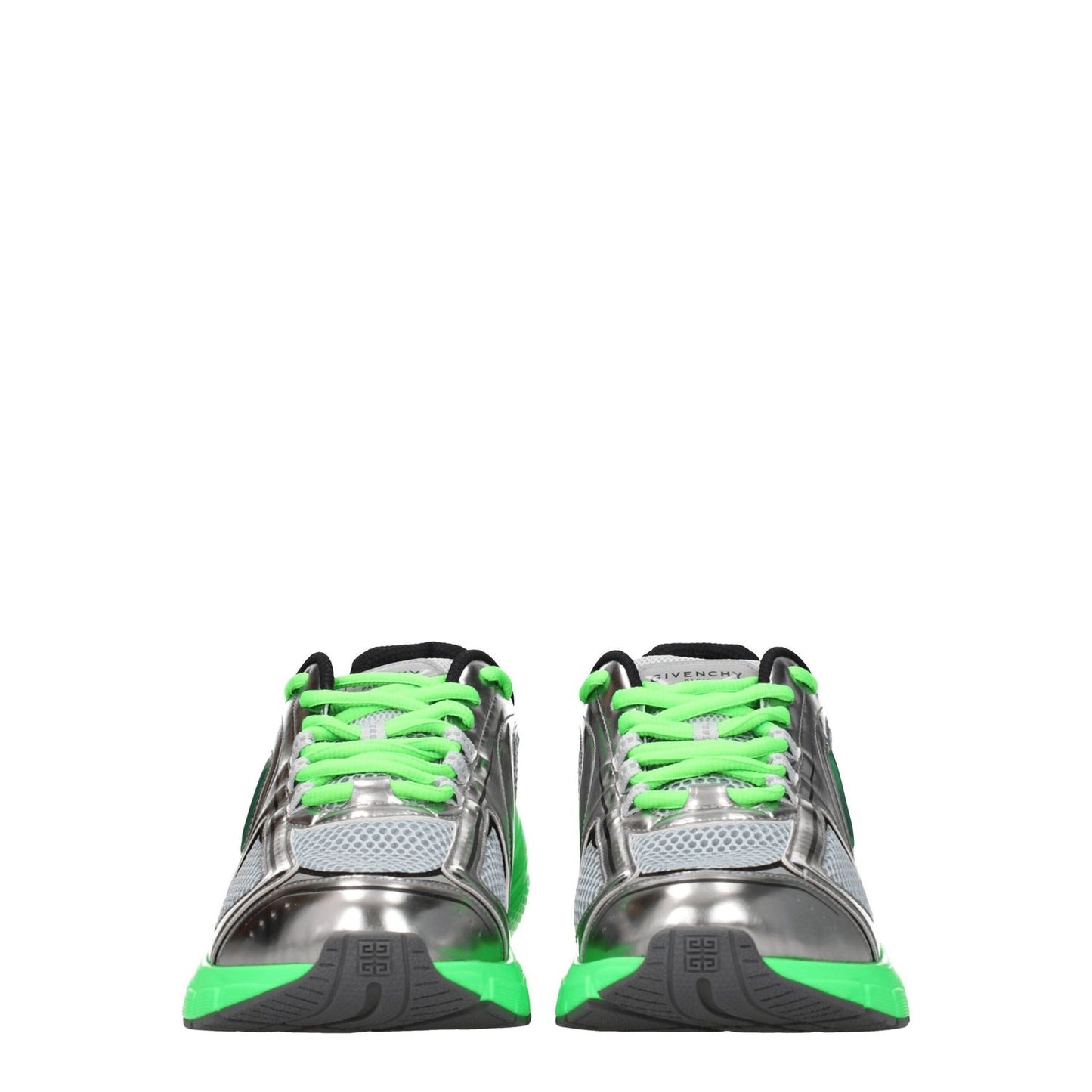 Front view of Givenchy Gray Fabric Athletic Sneakers with green accents, featuring a lace-up closure and rubber sole.