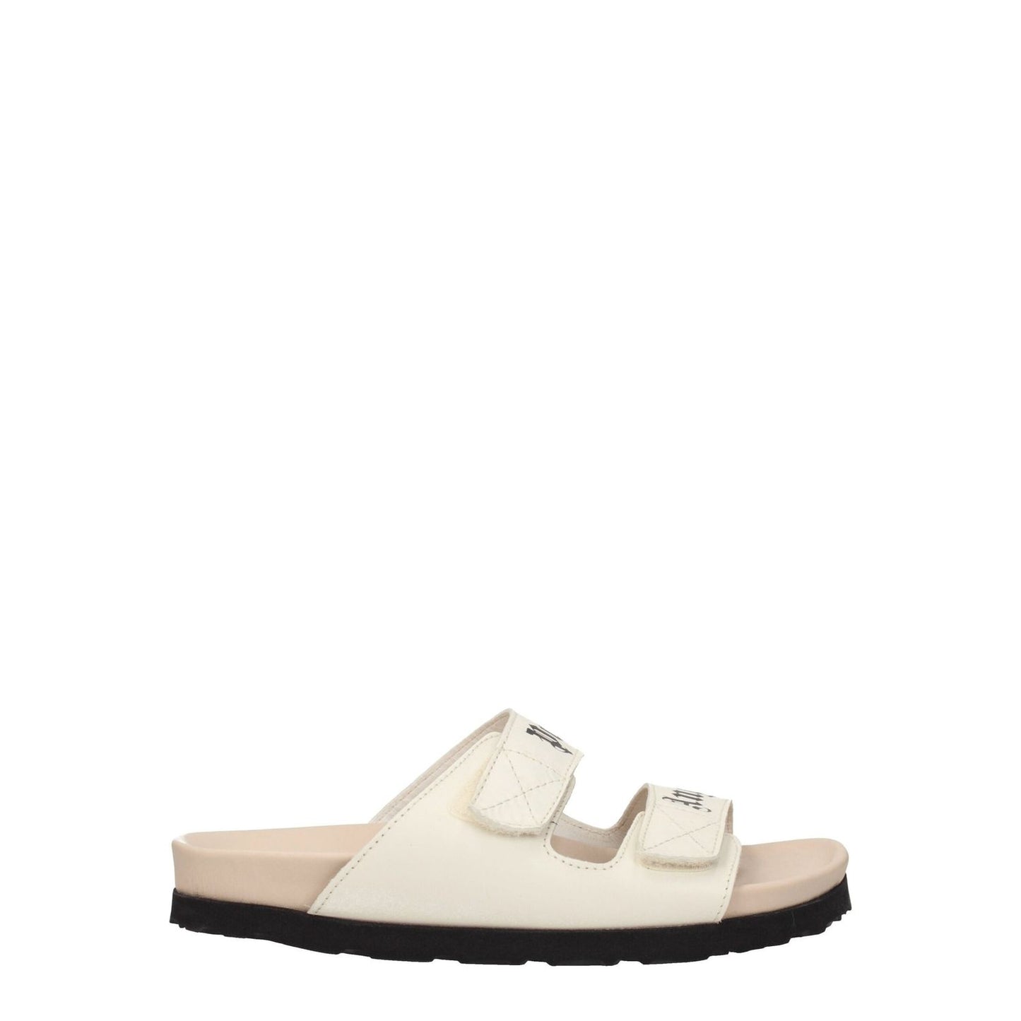 Palm Angels Beige Leather Flat Sandals with strap closure and rubber sole, featuring front logo, open toe, low flat heel.