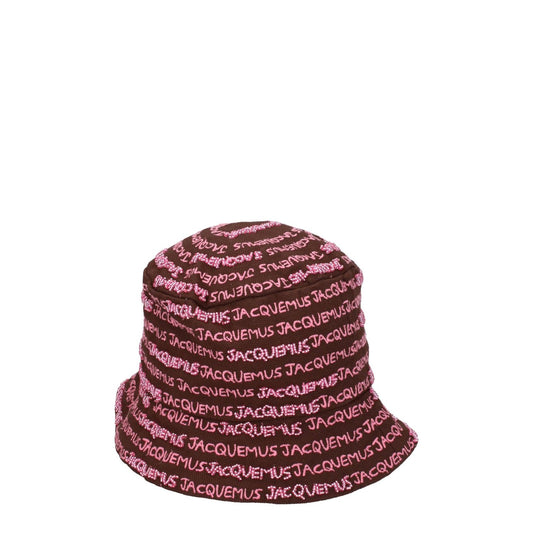 Jacquemus Brown Cotton Bucket Hat with pink logo script, designed in casual style, featuring beaded details, 100% cotton.