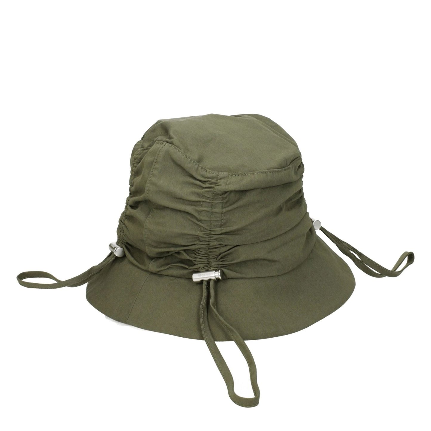 Jacquemus Green Cotton Bucket Hat with front logo, made of 75% cotton and 25% polyamide, featuring a silver and khaki casual style.
