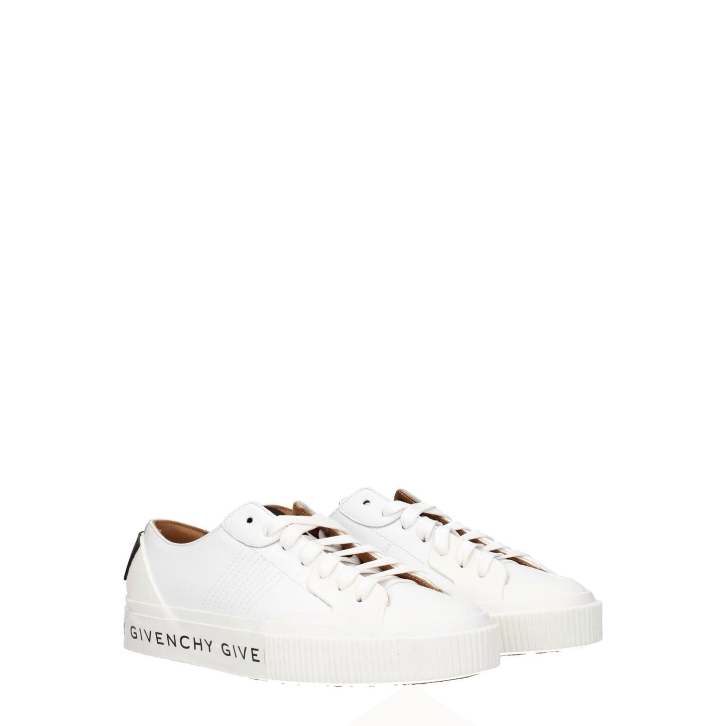 Givenchy White Leather Low Top Sneakers with logos on front, side, back; sporty glam style, lace-up closure, round toe, rubber sole, optic white.