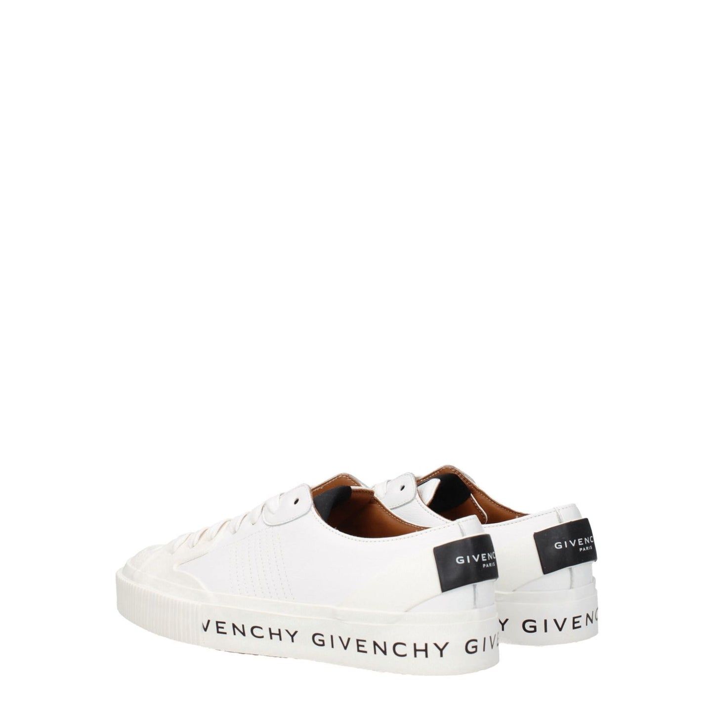 Givenchy White Leather Low Top Sneakers with front, side, and back logo branding, lace-up closure, rubber sole, and sporty glam style.
