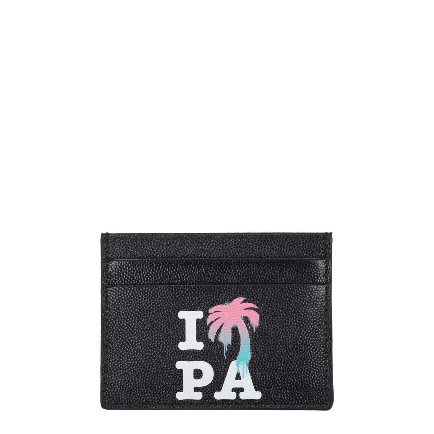 Palm Angels Black Leather Cardholder with front logo and five card slots, made from premium leather, measuring 8×10.5 cm, stylish street accessory.