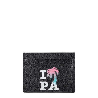 Palm Angels Black Leather Cardholder with front logo and five card slots, made from premium leather, measuring 8×10.5 cm, stylish street accessory.