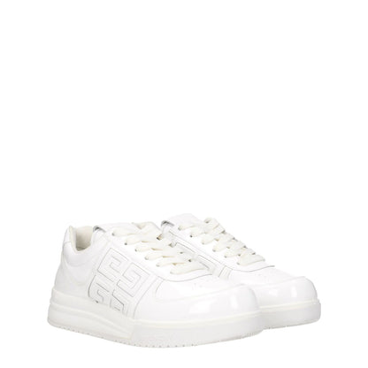 Givenchy White Leather Low Top Sneakers with lace-up closure, patent leather finish, rubber sole, and logo detailing.