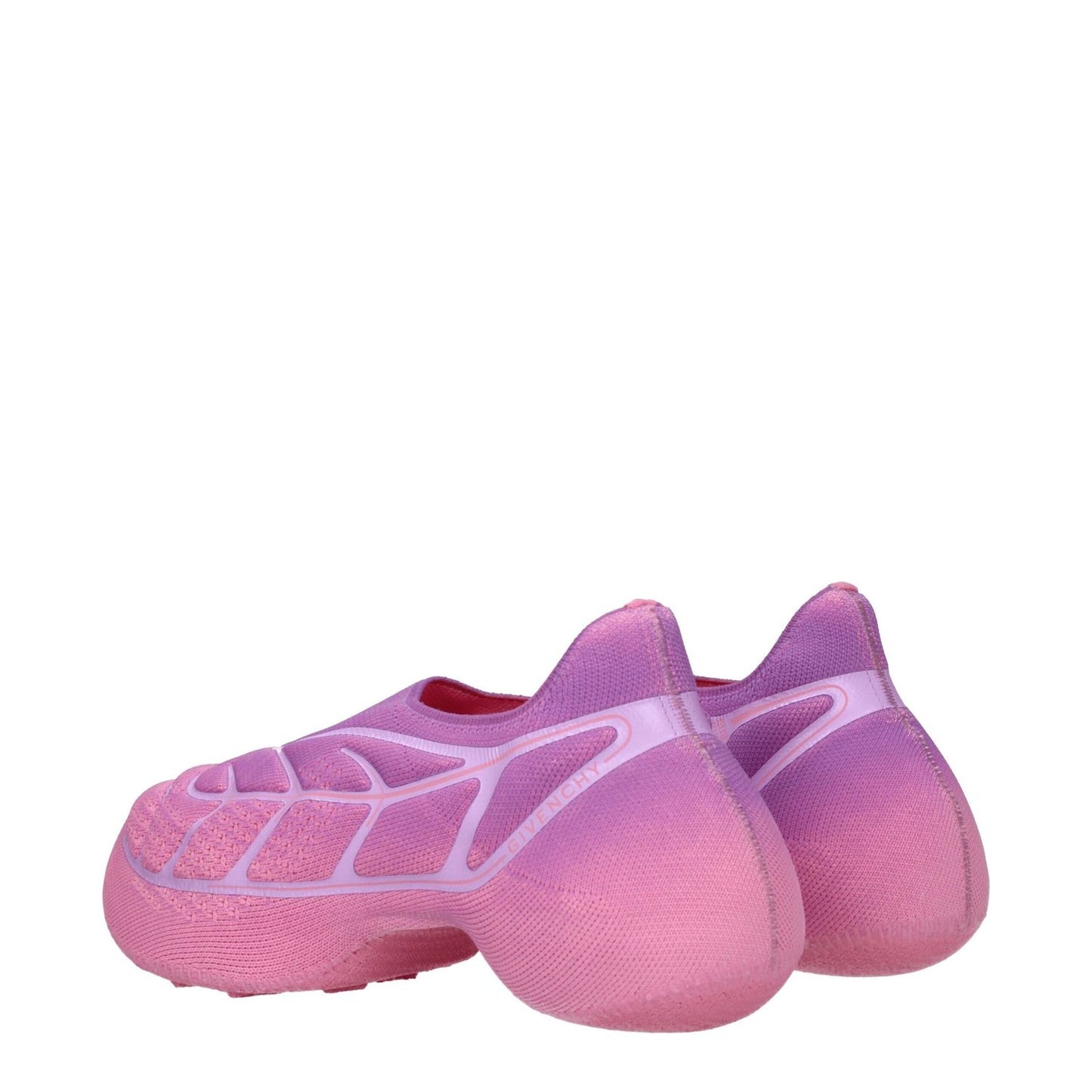 Rear view of Givenchy Pink Fabric Sneakers with sporty glam design and rubber sole, featuring a violet accent and mid heel