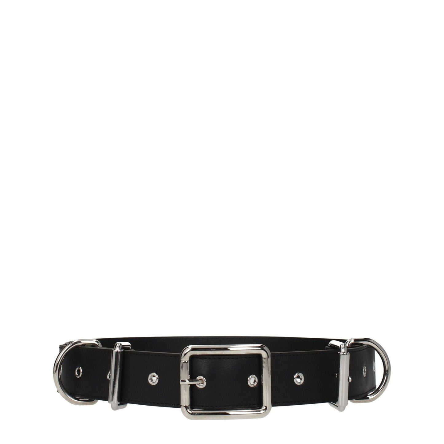 Moschino Black Leather Belt with silver buckle, punk rock style, adjustable, 4 cm height, MPN A803780020555, leather material