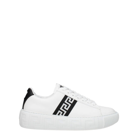 Versace White Leather Low Top Sneakers with lace-up closure, rubber sole, and black accents for a casual style.