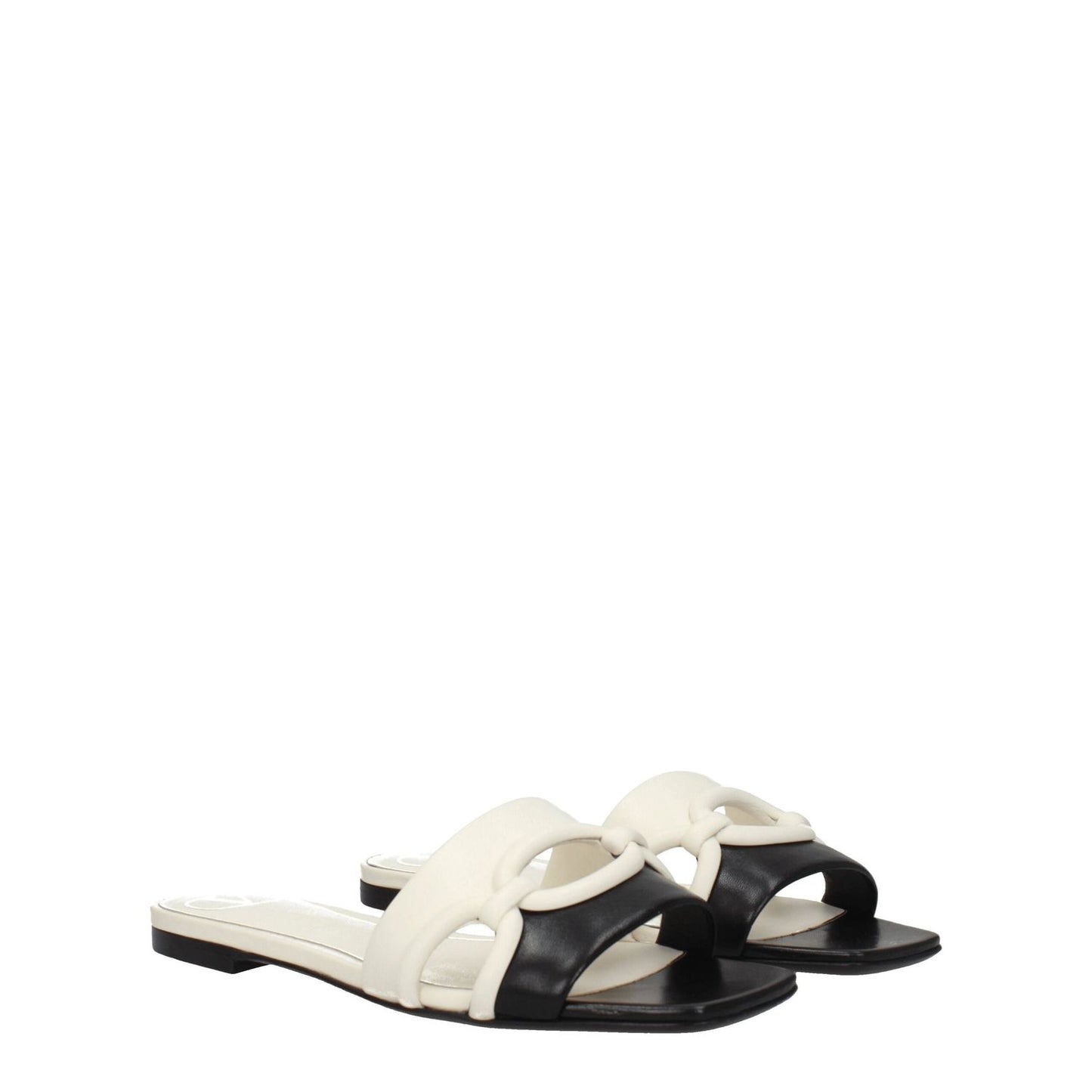 Valentino Garavani Black Leather Slippers with open toe design and ivory accents, casual style, low flat heel.