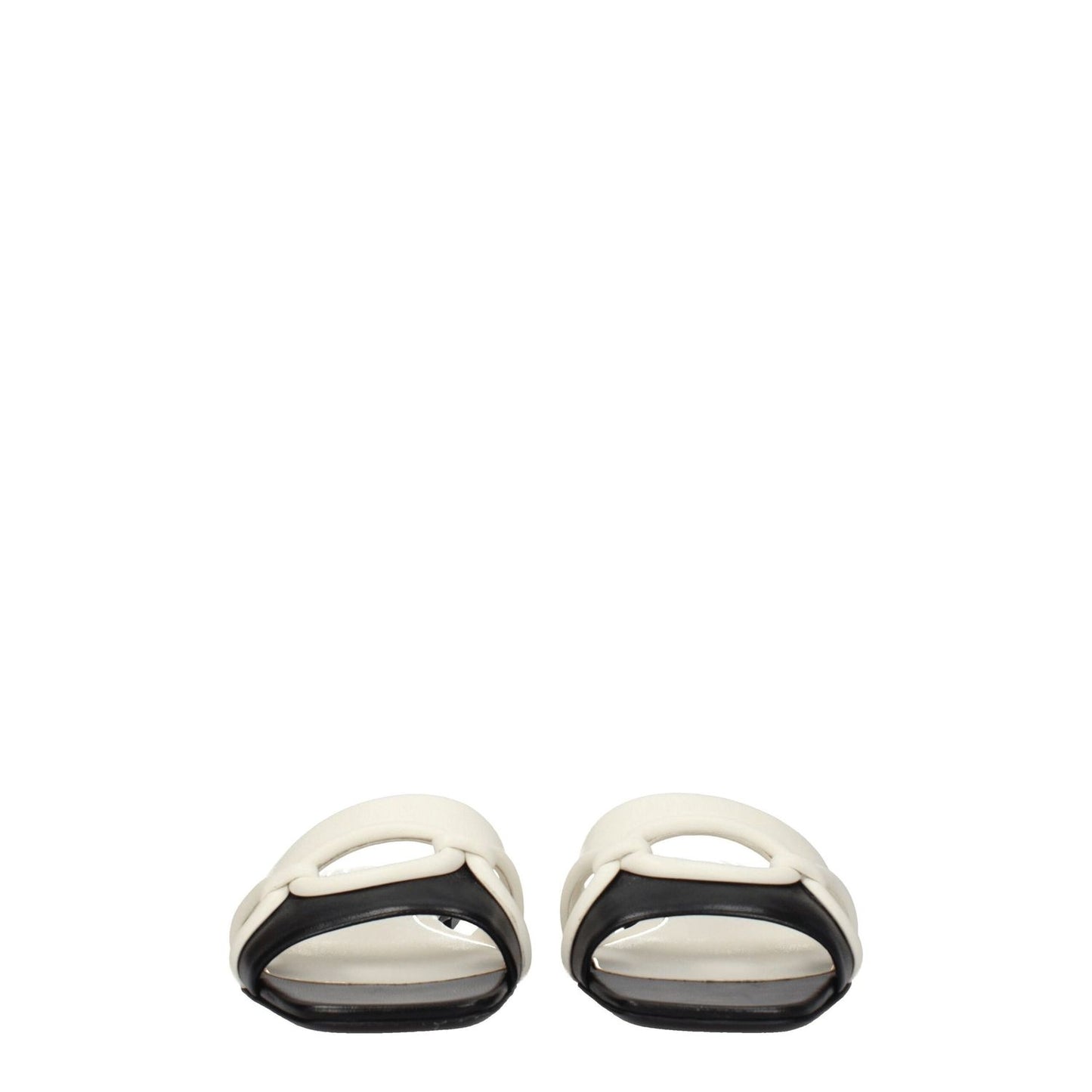 Valentino Garavani Black Leather Slippers with open toe and ivory detail, casual style with flat leather sole.