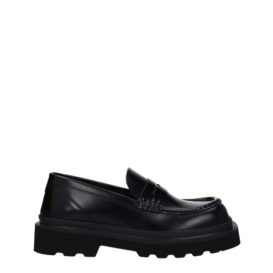Dolce & Gabbana Black Leather Slip-On Loafers with rubber sole and square toe, MPN A30204A120380999, elegant casual footwear.