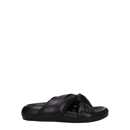 Marni Black Leather Slippers with open toe and mid heels, featuring a side logo, gold accents, rubber sole, and 4.5 cm heel height.