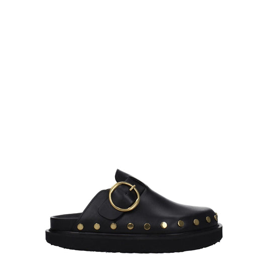 Isabel Marant Black Leather Slippers with gold studs, vintage style, buckle closure, round toe, low flat heel, rubber sole.
